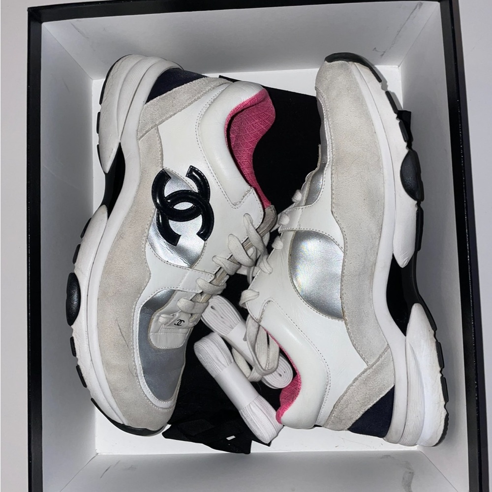 Chanel Calfskin Fabric Sneakers 38 White Silver Fluo Pink